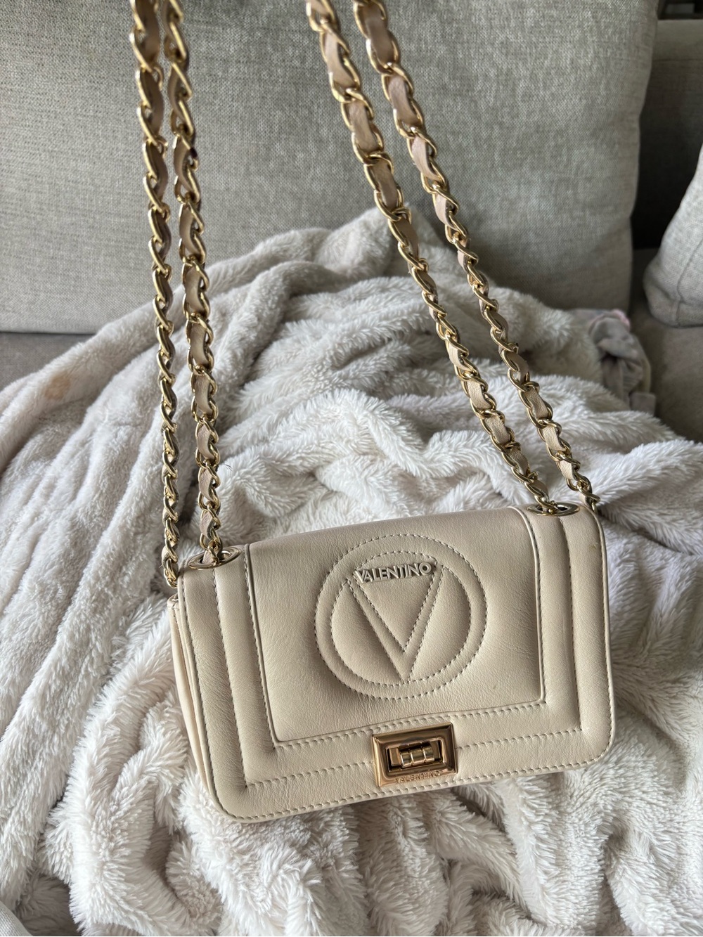 Valentino Cream Quilted V-Logo Chain Crossbody Bag